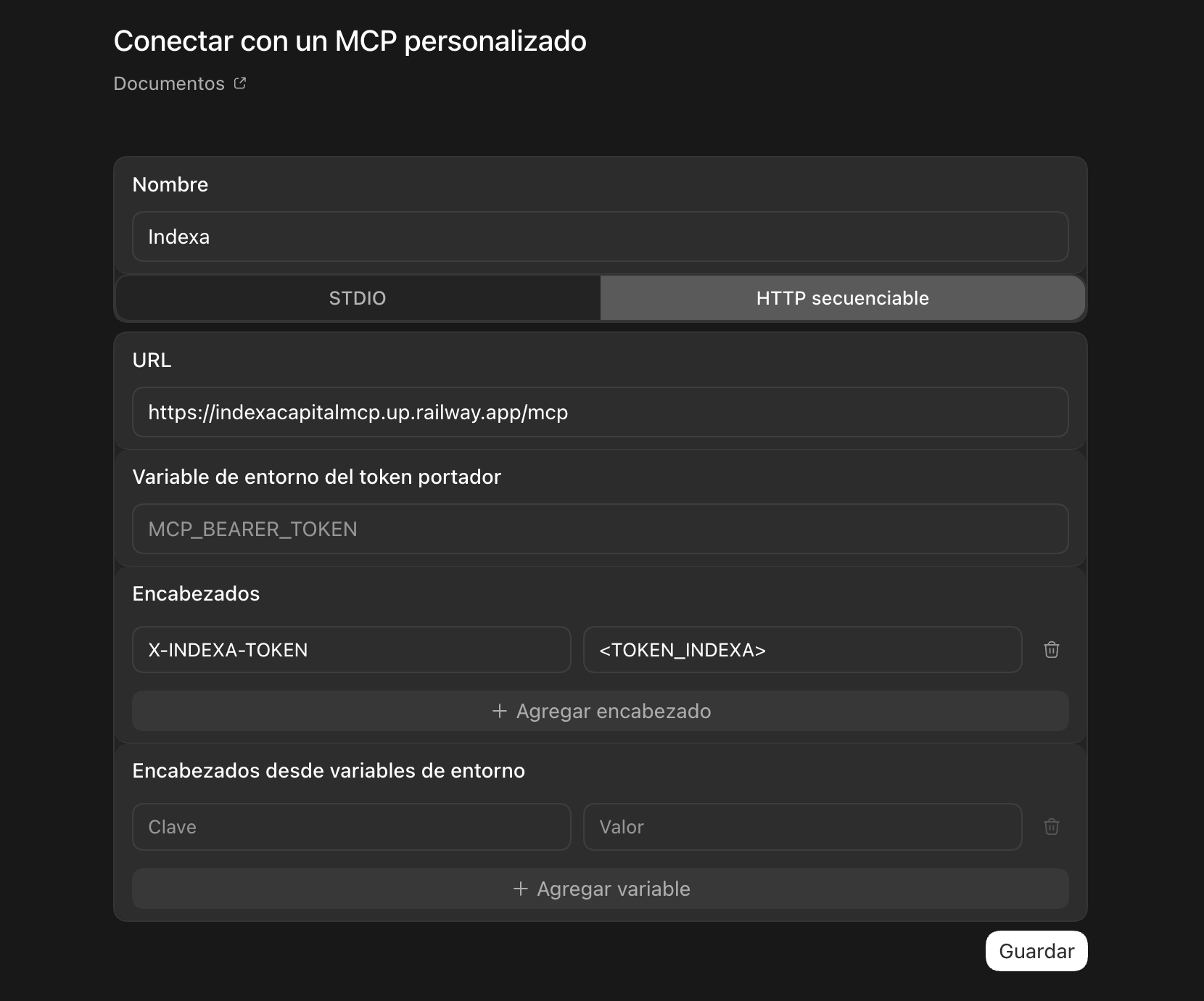 Diálogo de Codex 'Conectar con un MCP personalizado' con nombre Indexa, modo HTTP secuenciable, URL del MCP y encabezado X-INDEXA-TOKEN